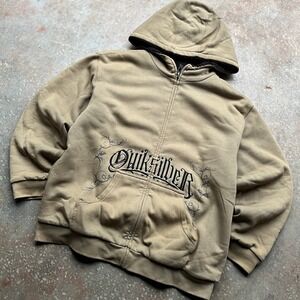 VTG Y2K Quiksilver Mens Sherpa Lined Full Zip Hoodie Tan Gothic Embroidered Logo